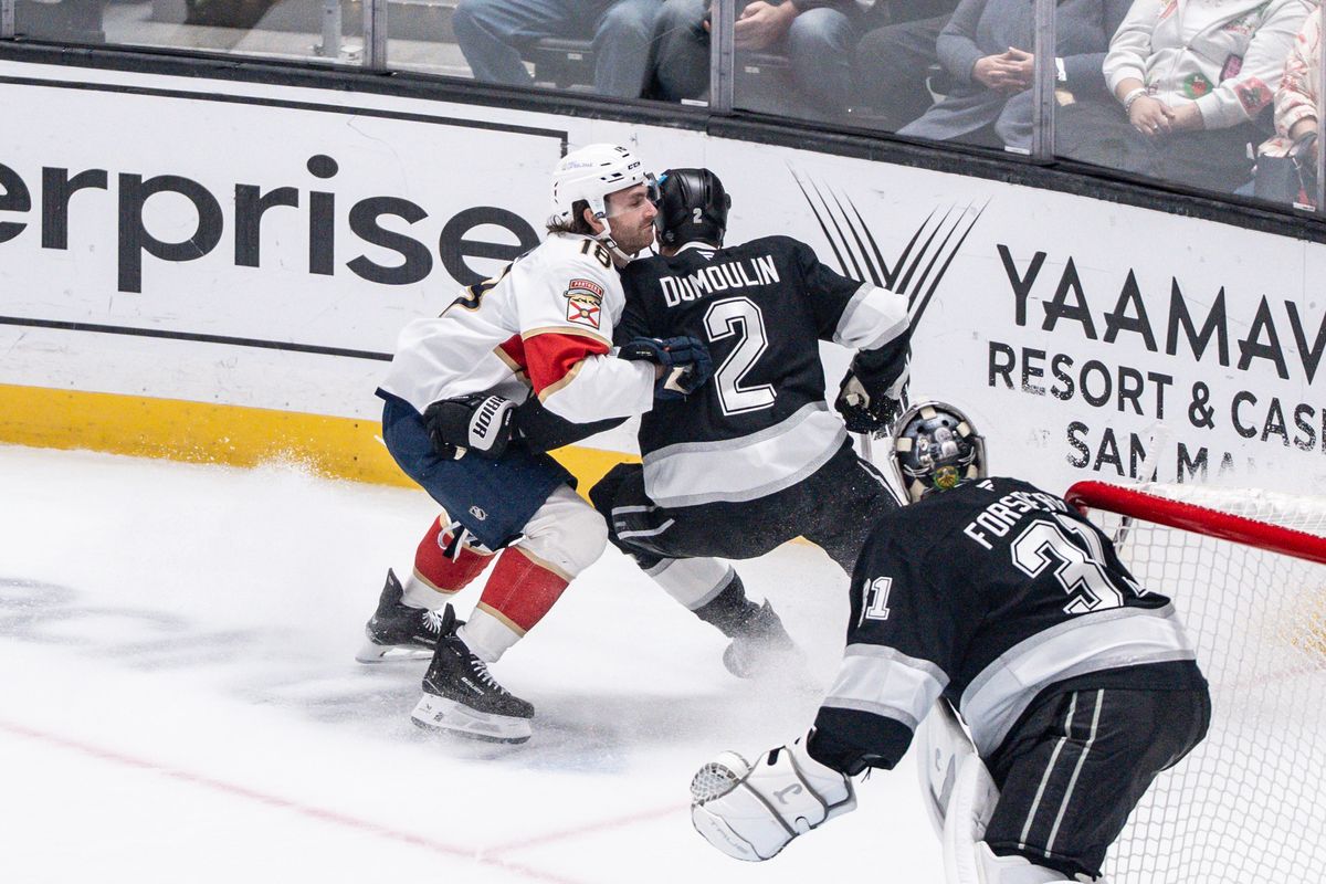 Los Angeles Kings Defender Brian Dumoulin (2) gets into a shoving match during an NHL hockey game against the Florida Panthers, Thursday November 6, 2025 in Los Angeles. Los Angeles Kings Defender Brian Dumoulin (2) gets into a shoving match during an NHL hockey game against the Florida Panthers, Thursday November 6, 2025 in Los Angeles.