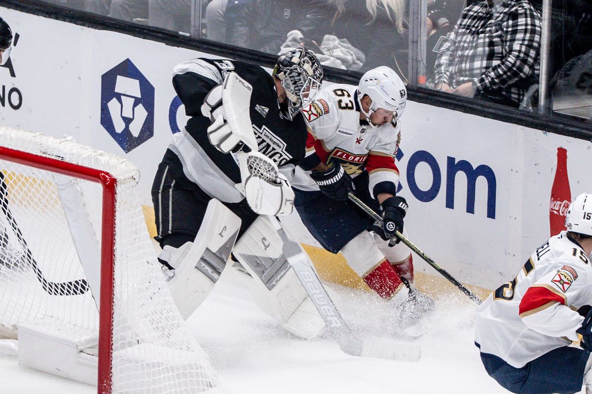 Los Angeles Kings Goalie Anton Forsberg (31) is out of the goal fighting his opponent for the puck during an NHL hockey game against the Florida Panthers, Thursday November 6, 2025 in Los Angeles. Los Angeles Kings Goalie Anton Forsberg (31) is out of the goal fighting his opponent for the puck during an NHL hockey game against the Florida Panthers, Thursday November 6, 2025 in Los Angeles.