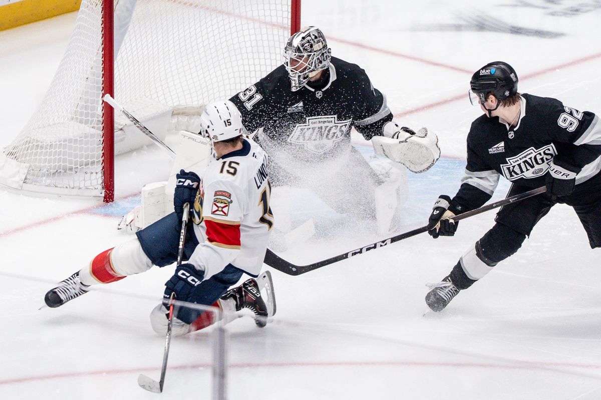 Los Angeles Kings Goalie Anton Forsberg (31) makes a save while ice was in his face during an NHL hockey game against the Florida Panthers, Thursday November 6, 2025 in Los Angeles. Los Angeles Kings Goalie Anton Forsberg (31) makes a save while ice was in his face during an NHL hockey game against the Florida Panthers, Thursday November 6, 2025 in Los Angeles.