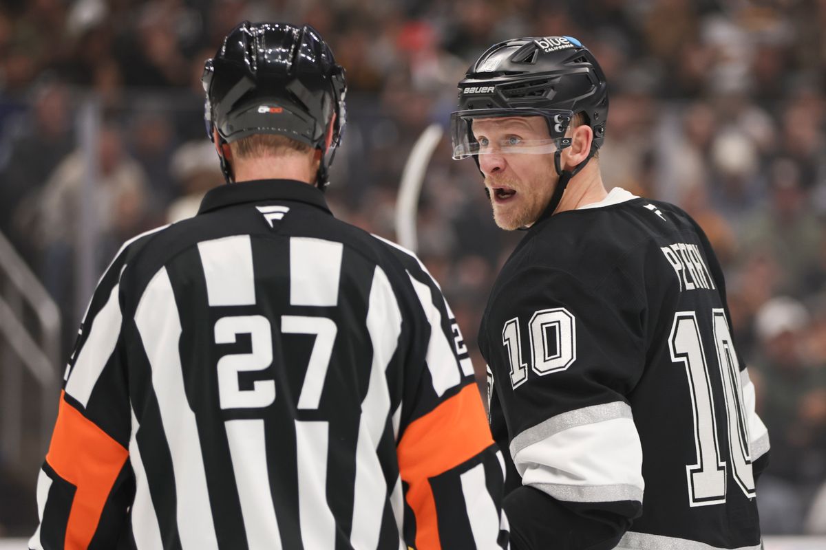 Right wing Corey Perry #10 of the Los Angeles Kings has a discussion with referee Eric Furlatt during an NHL hockey game against the Boston Bruins, Friday November 21, 2025 in Los Angeles, Calif. Right wing Corey Perry #10 of the Los Angeles Kings has a discussion with referee Eric Furlatt during an NHL hockey game against the Boston Bruins, Friday November 21, 2025 in Los Angeles, Calif.
