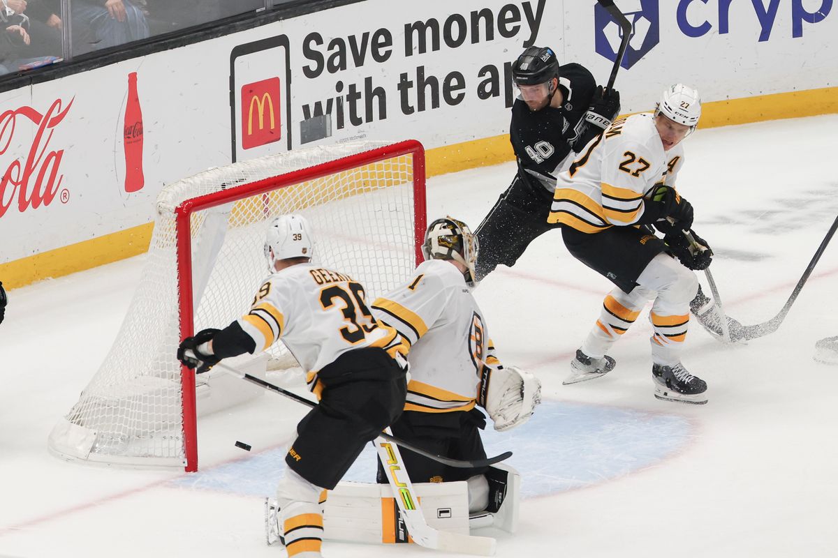 Right wing Joel Armia #40 of the Los Angeles Kings watches the puck cross the goal line after he deflected it to tie the score during an NHL hockey game against the Boston Bruins, Friday November 21, 2025 in Los Angeles, Calif. Right wing Joel Armia #40 of the Los Angeles Kings watches the puck cross the goal line after he deflected it to tie the score during an NHL hockey game against the Boston Bruins, Friday November 21, 2025 in Los Angeles, Calif.