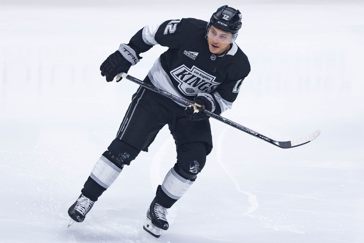 Los Angeles Kings Left Wing Trevor Moore (12) skates down the ice before an NHL game against the Ottawa Senators on November 24, 2025 in Los Angeles, Calif. Los Angeles Kings Left Wing Trevor Moore (12) skates down the ice before an NHL game against the Ottawa Senators on November 24, 2025 in Los Angeles, Calif.