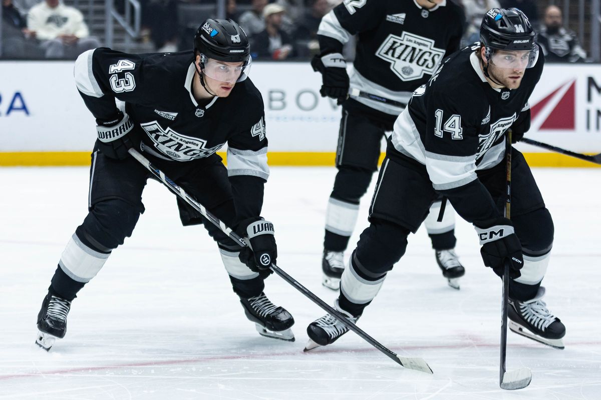 Los Angeles Kings defense Jacob Moverare (43) and right wing Alex Laferriere (14) waits for the puck to drop during an NHL game against the Ottawa Senators on November 24, 2025 in Los Angeles, Calif. Los Angeles Kings defense Jacob Moverare (43) and right wing Alex Laferriere (14) waits for the puck to drop during an NHL game against the Ottawa Senators on November 24, 2025 in Los Angeles, Calif.