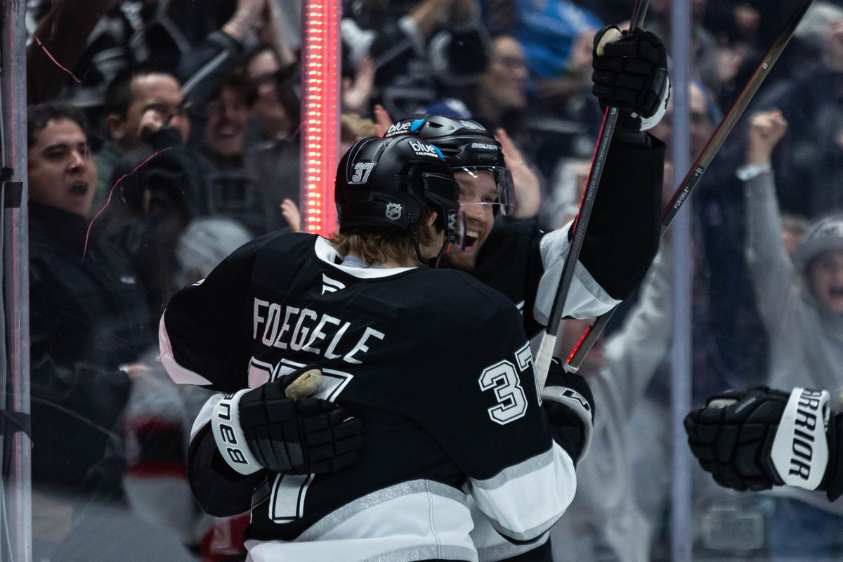 Los Angeles Kings left wing Warren Foegele (37) and right wing Joel Armia (40) celebrates after scoring a goal during an NHL game against the Ottawa Senators on November 24, 2025 in Los Angeles, Calif. Los Angeles Kings left wing Warren Foegele (37) and right wing Joel Armia (40) celebrates after scoring a goal during an NHL game against the Ottawa Senators on November 24, 2025 in Los Angeles, Calif.