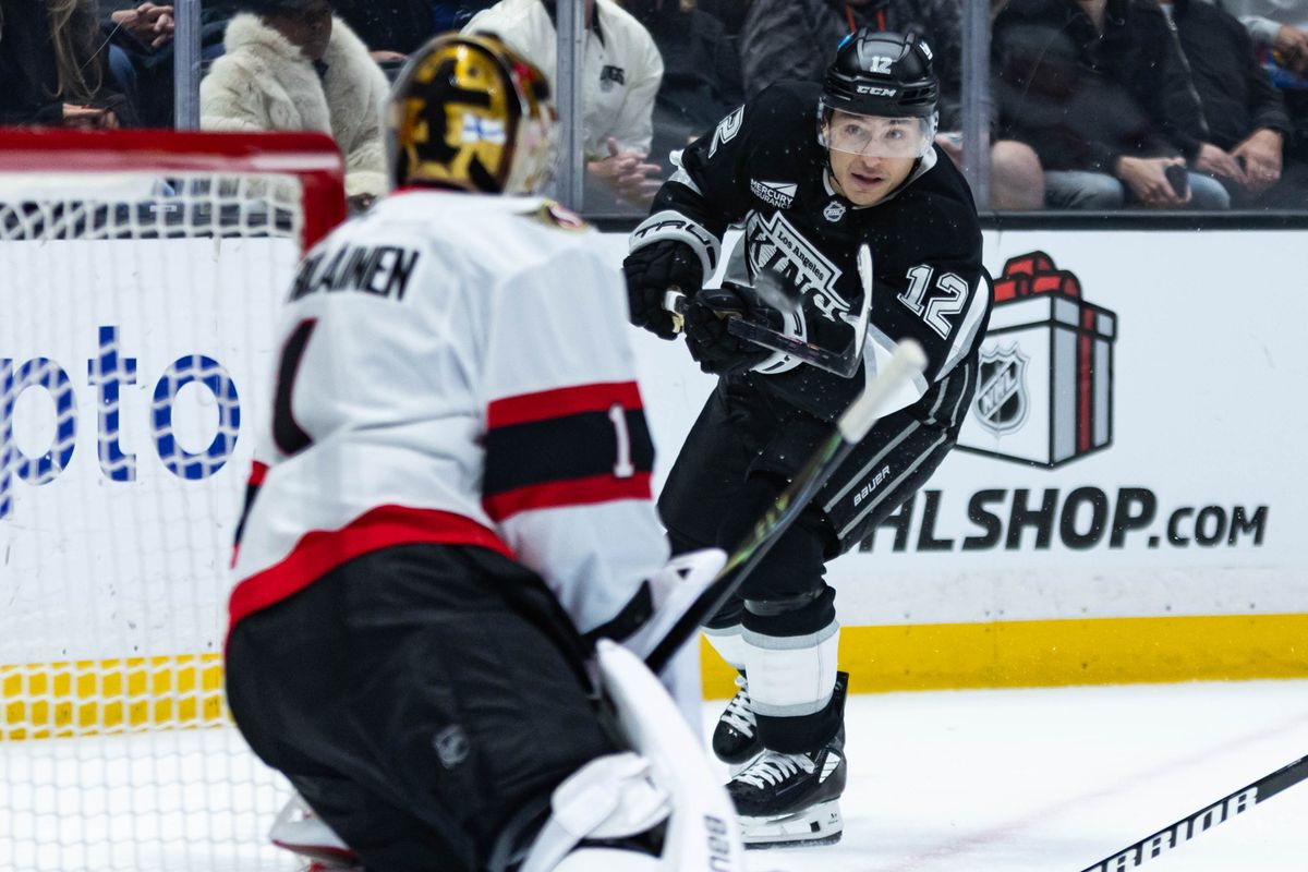 Los Angeles Kings left wing Trevor Moore (12) shoots the puck during an NHL game against the Ottawa Senators on November 24, 2025 in Los Angeles, Calif. Los Angeles Kings left wing Trevor Moore (12) shoots the puck during an NHL game against the Ottawa Senators on November 24, 2025 in Los Angeles, Calif.