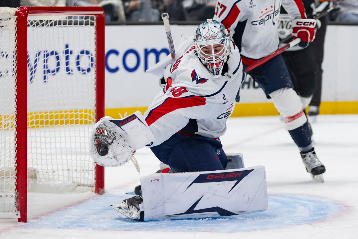 Goaltender Logan Thompson #48 of the Washington Capitals makes a glove save during an NHL hockey game against the Los Angeles Kings, Tuesday December 2, 2025 in Los Angeles, Calif. Goaltender Logan Thompson #48 of the Washington Capitals makes a glove save during an NHL hockey game against the Los Angeles Kings, Tuesday December 2, 2025 in Los Angeles, Calif.