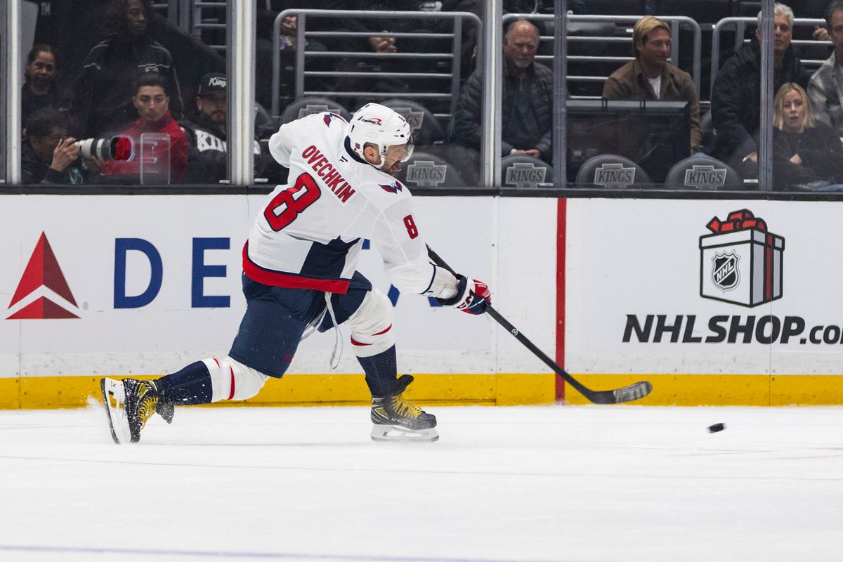 Left wing Alex Ovechkin #8 of the Washington Capitals shoots the puck during an NHL hockey game against the Los Angeles Kings, Tuesday December 2, 2025 in Los Angeles, Calif. Left wing Alex Ovechkin #8 of the Washington Capitals shoots the puck during an NHL hockey game against the Los Angeles Kings, Tuesday December 2, 2025 in Los Angeles, Calif.