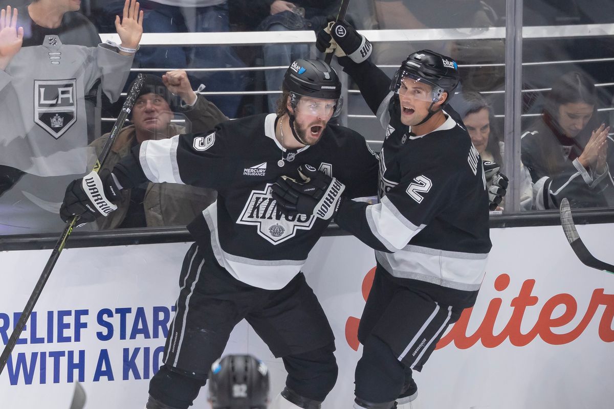 Right wing Adrian Kempe #9 and defenseman Brian Dumoulin #2 of the Los Angeles Kings celebrate a goal during an NHL hockey game against the Washington Capitals, Tuesday December 2, 2025 in Los Angeles, Calif. Right wing Adrian Kempe #9 and defenseman Brian Dumoulin #2 of the Los Angeles Kings celebrate a goal during an NHL hockey game against the Washington Capitals, Tuesday December 2, 2025 in Los Angeles, Calif.