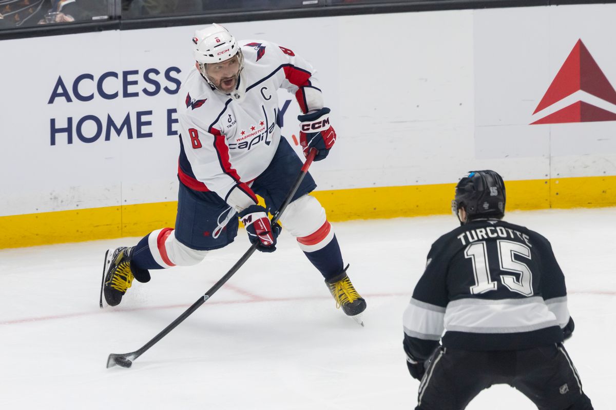 Left wing Alex Ovechkin #8 of the Washington Capitals shoots the puck during an NHL hockey game against the Los Angeles Kings, Tuesday December 2, 2025 in Los Angeles, Calif. Left wing Alex Ovechkin #8 of the Washington Capitals shoots the puck during an NHL hockey game against the Los Angeles Kings, Tuesday December 2, 2025 in Los Angeles, Calif.