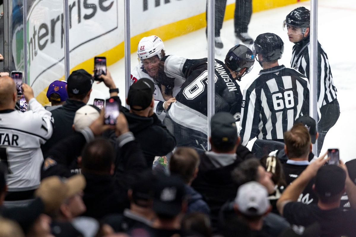 Defenseman Joel Edmundson #6 of the Los Angeles Kings and right wing Brandon Duhaime #22 of the Washington Capitals fight during an NHL hockey game, Tuesday December 2, 2025 in Los Angeles, Calif. Defenseman Joel Edmundson #6 of the Los Angeles Kings and right wing Brandon Duhaime #22 of the Washington Capitals fight during an NHL hockey game, Tuesday December 2, 2025 in Los Angeles, Calif.