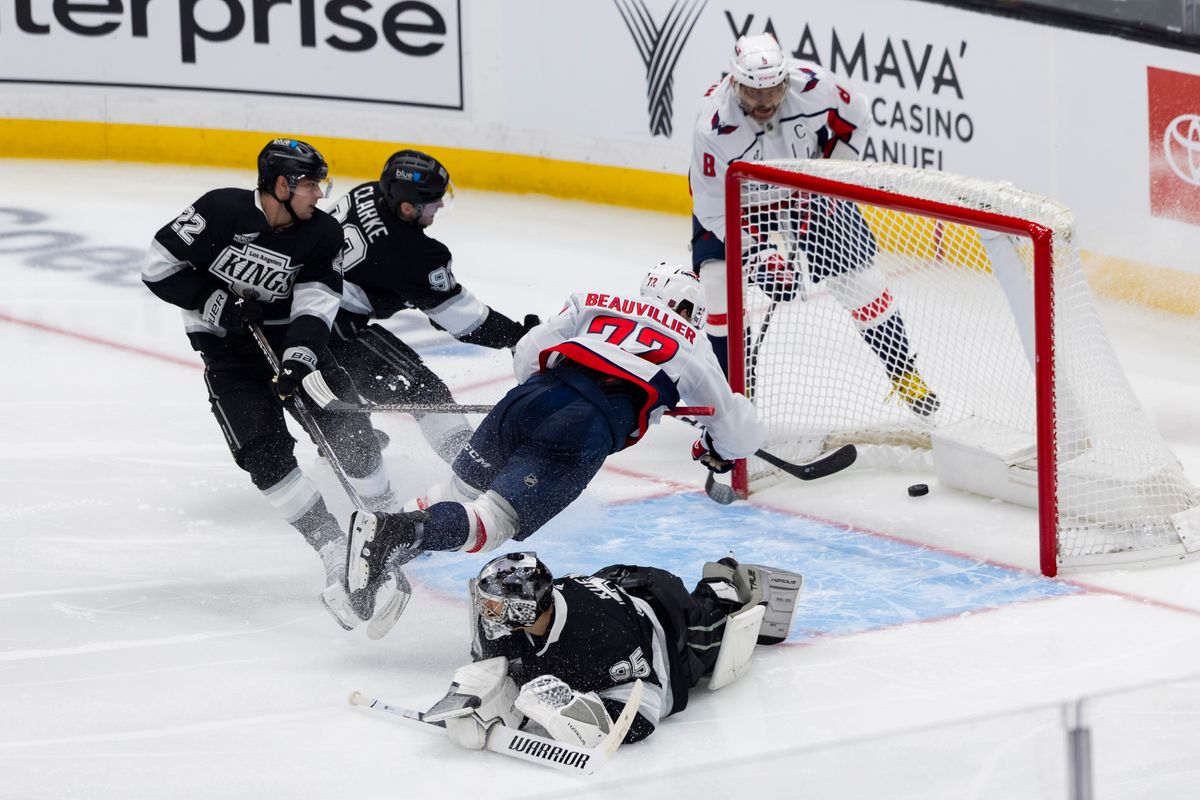 Left wing Anthony Beauvillier #72 of the Washington Capitals scores the game winning goal during an NHL hockey game against the Los Angeles Kings, Tuesday December 2, 2025 in Los Angeles, Calif. Left wing Anthony Beauvillier #72 of the Washington Capitals scores the game winning goal during an NHL hockey game against the Los Angeles Kings, Tuesday December 2, 2025 in Los Angeles, Calif.