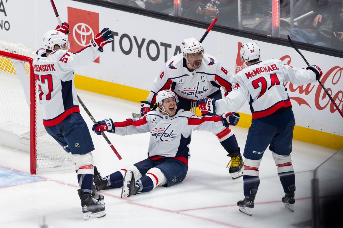 Left wing Anthony Beauvillier #72 of the Washington Capitals celebrates with his teammates after scoring the game winning goal during an NHL hockey game against the Los Angeles Kings, Tuesday December 2, 2025 in Los Angeles, Calif. Left wing Anthony Beauvillier #72 of the Washington Capitals celebrates with his teammates after scoring the game winning goal during an NHL hockey game against the Los Angeles Kings, Tuesday December 2, 2025 in Los Angeles, Calif.