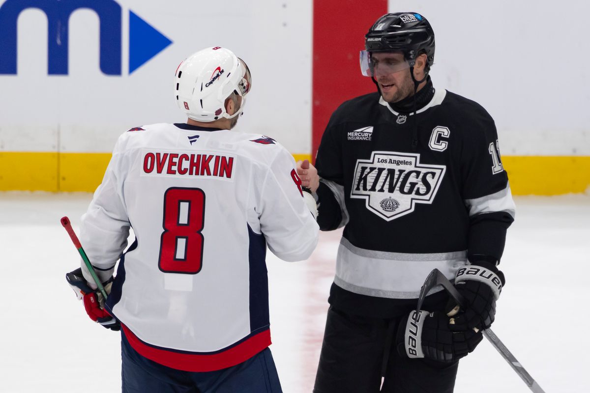 Left wing Alex Ovechkin #8 of the Washington Capitals and center Anze Kopitar #11 of the Los Angeles Kings shake hands on the ice after an NHL hockey game, Tuesday December 2, 2025 in Los Angeles, Calif. Left wing Alex Ovechkin #8 of the Washington Capitals and center Anze Kopitar #11 of the Los Angeles Kings shake hands on the ice after an NHL hockey game, Tuesday December 2, 2025 in Los Angeles, Calif.