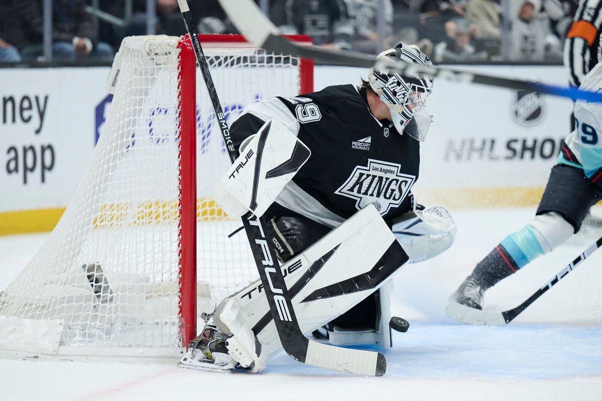 Los Angeles Kings goaltender Pheonix Copley (29) misses a goal against the Kraken at the crypto.com Arena on December 23,2025 in Los Angeles, California. Los Angeles Kings goaltender Pheonix Copley (29) misses a goal against the Kraken at the crypto.com Arena on December 23,2025 in Los Angeles, California.