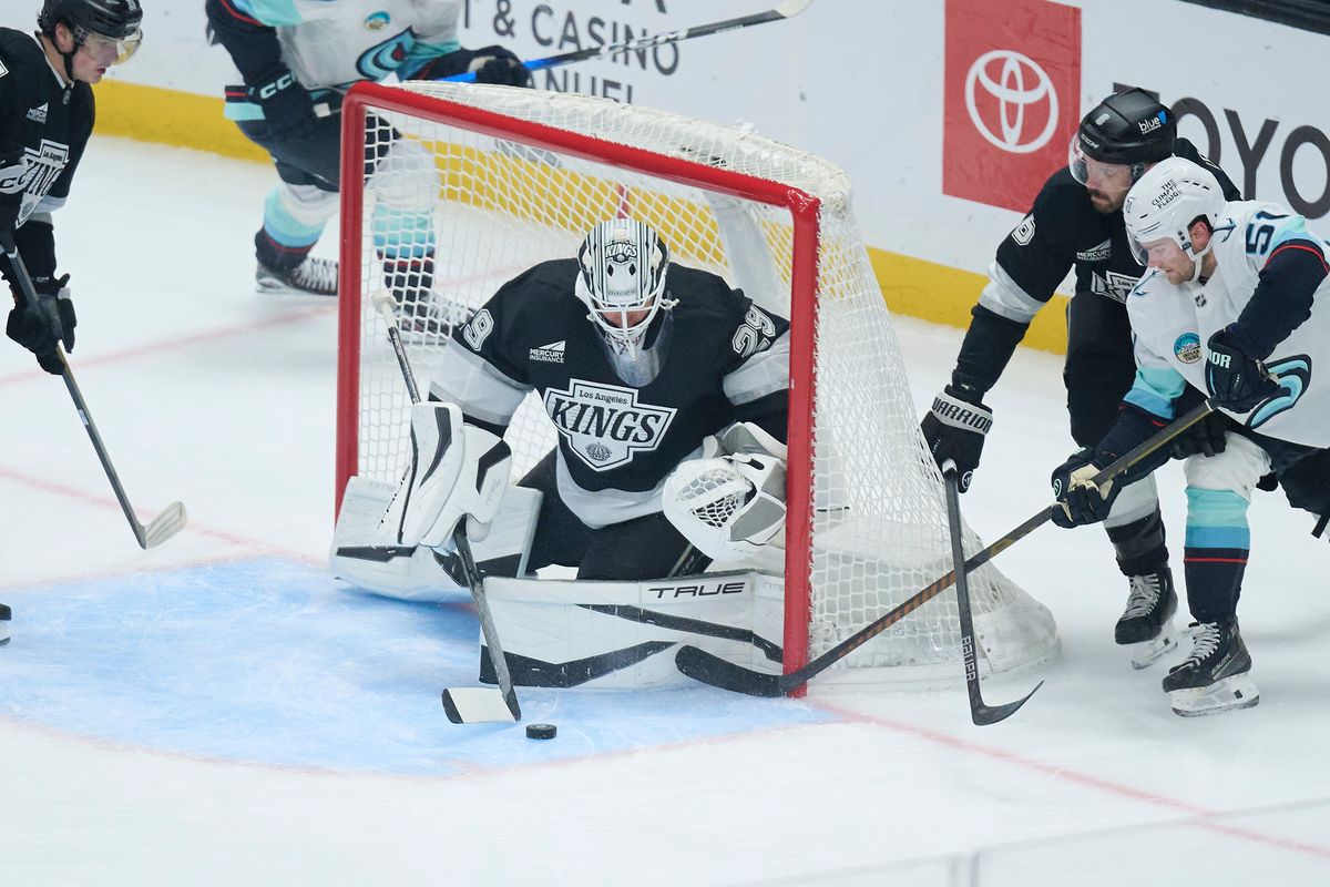 Los Angeles Kings goaltender Pheonix Copley (29) blocks a goal attempt against the Kraken at the crypto.com Arena on December 23,2025 in Los Angeles, California. Los Angeles Kings goaltender Pheonix Copley (29) blocks a goal attempt against the Kraken at the crypto.com Arena on December 23,2025 in Los Angeles, California.