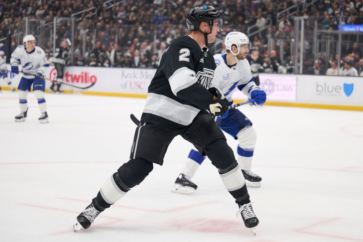 Los Angeles Kings defender Brian Dumoulin (2) play’s defense against the Lightning at the Crypto Arena on January 1st, 2026 in Los Angeles California. Los Angeles Kings defender Brian Dumoulin (2) play’s defense against the Lightning at the Crypto Arena on January 1st, 2026 in Los Angeles California.