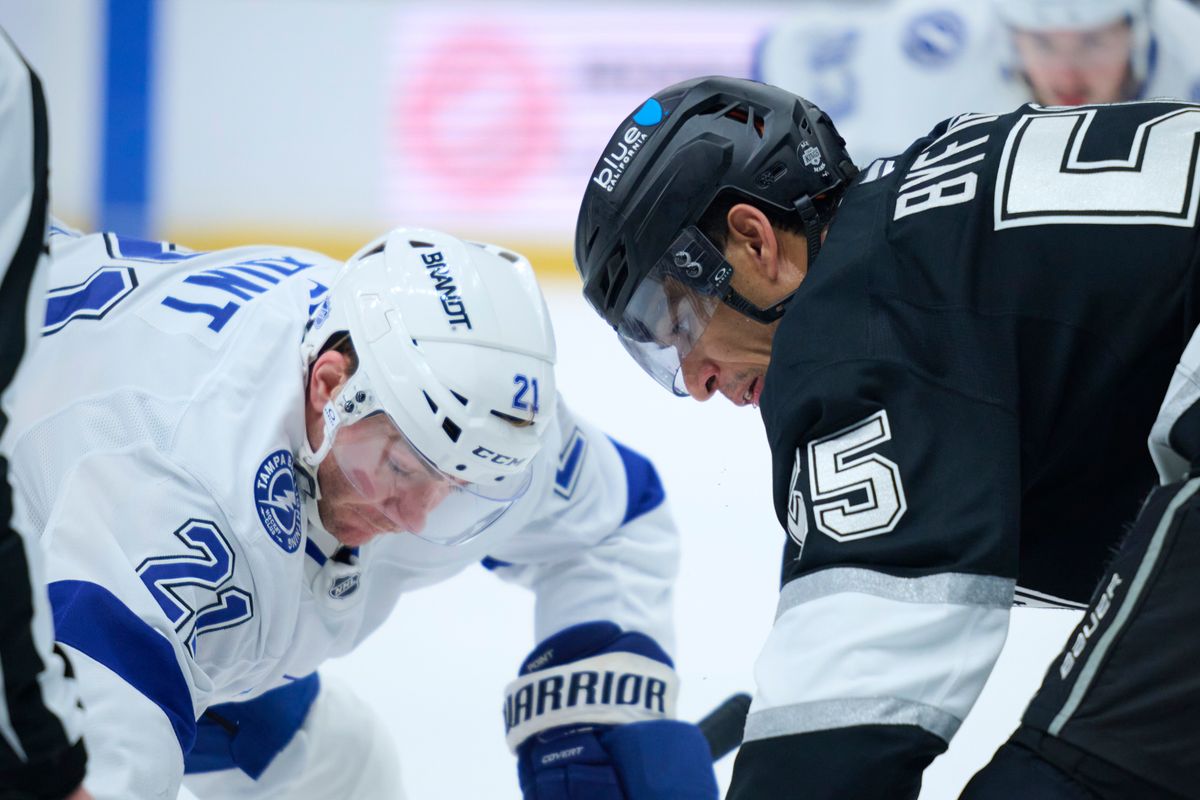 The Los Angeles Kings right wing Quinton Byfield (55) does a face off against the lightning at the Crypto Arena on January 1st, 2026 in Los Angeles California. The Los Angeles Kings right wing Quinton Byfield (55) does a face off against the lightning at the Crypto Arena on January 1st, 2026 in Los Angeles California.