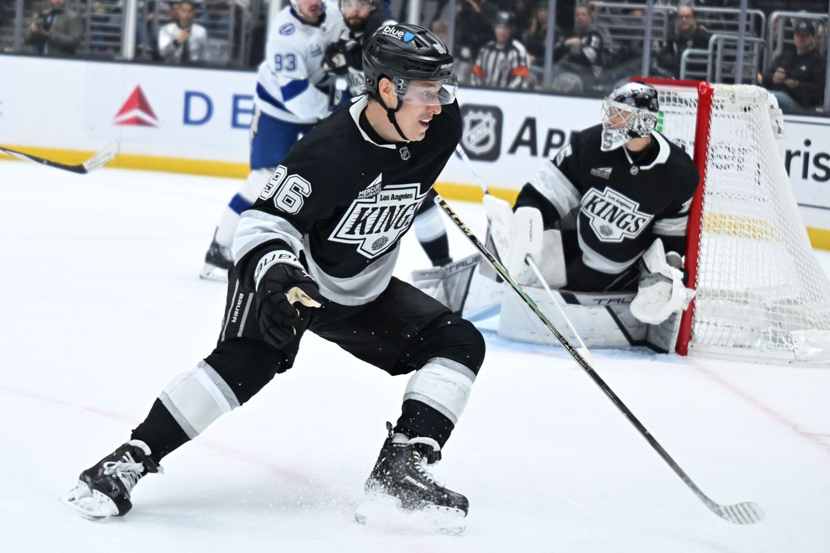 The Los Angeles Kings left wing Andrei Kuzmenko (96) plays defense against the lightning at the Crypto Arena on January 1st, 2026 in Los Angeles California. The Los Angeles Kings left wing Andrei Kuzmenko (96) plays defense against the lightning at the Crypto Arena on January 1st, 2026 in Los Angeles California.