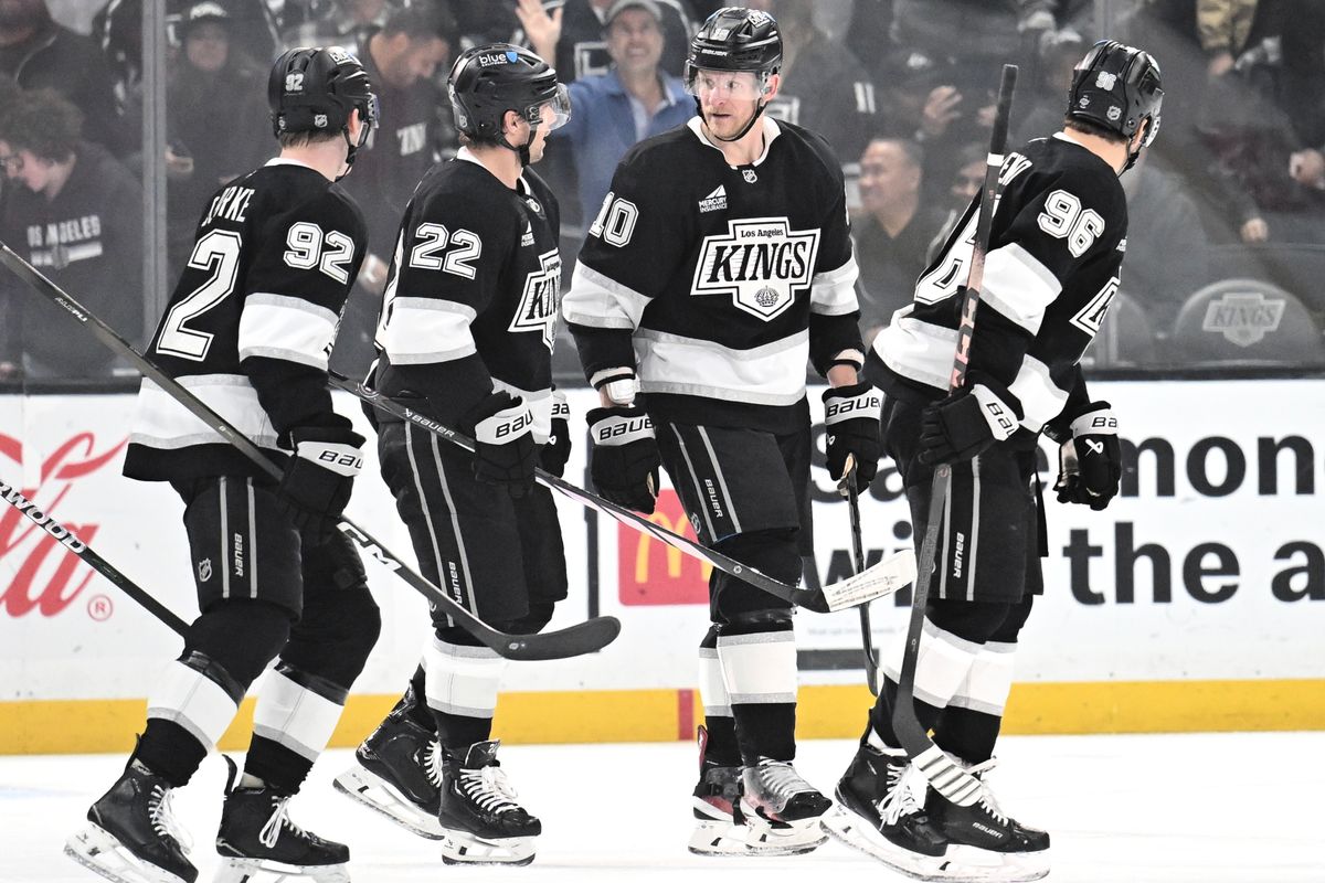 The Los Angeles Kings celebrate a goal against the lightning at the Crypto Arena on January 1st, 2026 in Los Angeles California. The Los Angeles Kings celebrate a goal against the lightning at the Crypto Arena on January 1st, 2026 in Los Angeles California.