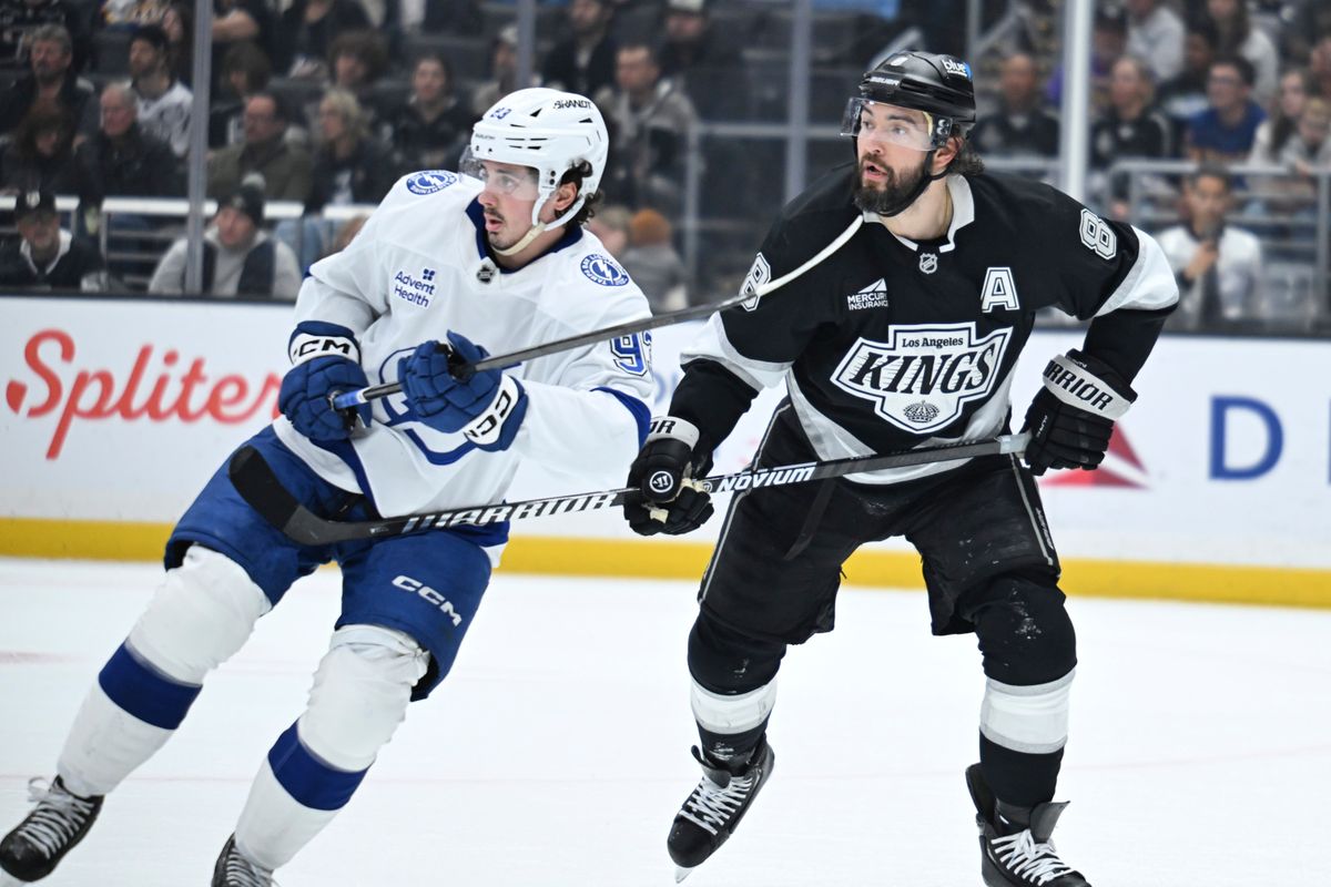 The Los Angeles Kings defender Drew Doughty (8) plays defense against the lightning at the Crypto Arena on January 1st, 2026 in Los Angeles California. The Los Angeles Kings defender Drew Doughty (8) plays defense against the lightning at the Crypto Arena on January 1st, 2026 in Los Angeles California.