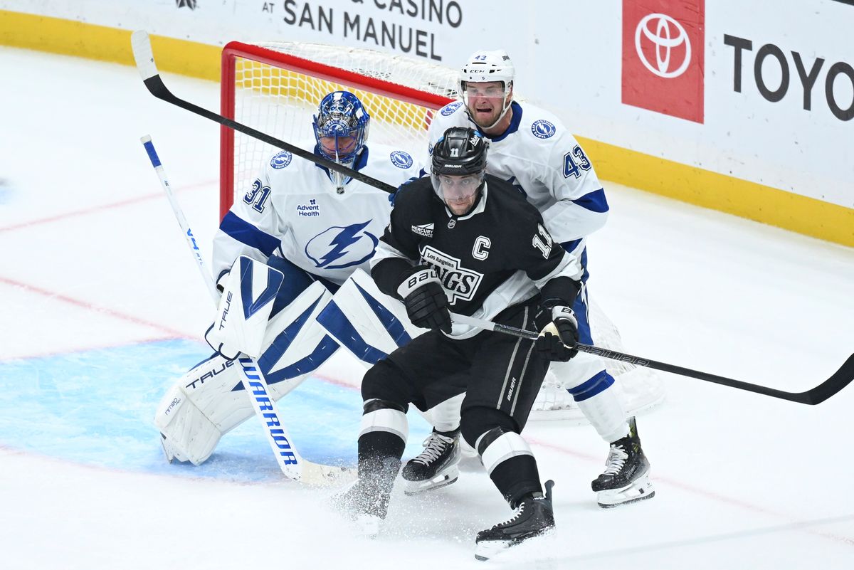 The Los Angeles Kings center Anze Kopitar (11) crashes the net against the lightning at the Crypto Arena on January 1st, 2026 in Los Angeles California. The Los Angeles Kings center Anze Kopitar (11) crashes the net against the lightning at the Crypto Arena on January 1st, 2026 in Los Angeles California.