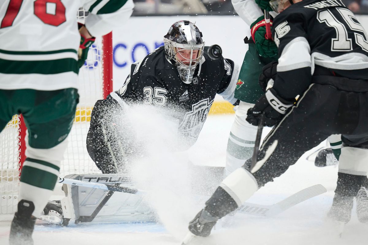 The Los Angeles Kings goaltender Darcy Kuemper (35) and center Alex Turcotte (15) defend the goal against the Minnesota Wild at the Crypto Arena on January 5th, 2026 in Los Angeles California. The Los Angeles Kings goaltender Darcy Kuemper (35) and center Alex Turcotte (15) defend the goal against the Minnesota Wild at the Crypto Arena on January 5th, 2026 in Los Angeles California.