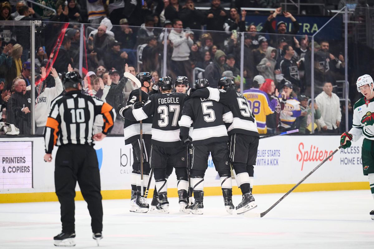 The Los Angeles Kings celebrate a goal against the Minnesota Wild at the Crypto Arena on January 5th, 2026 in Los Angeles California. The Los Angeles Kings celebrate a goal against the Minnesota Wild at the Crypto Arena on January 5th, 2026 in Los Angeles California.