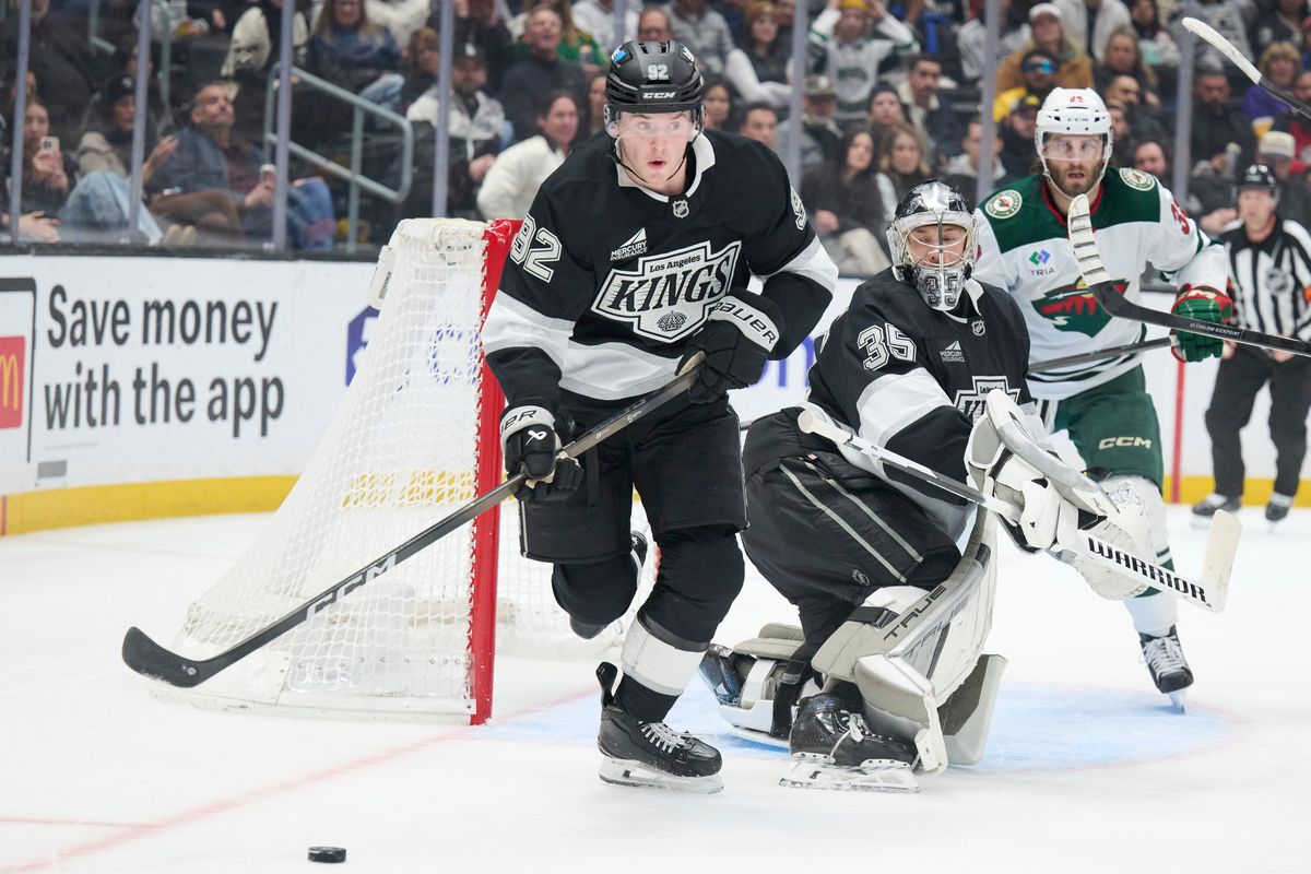 The Los Angeles Kings defender Brandt Clarke (92) skates with the puck against the Minnesota Wild at the Crypto Arena on January 5th, 2026 in Los Angeles California. The Los Angeles Kings defender Brandt Clarke (92) skates with the puck against the Minnesota Wild at the Crypto Arena on January 5th, 2026 in Los Angeles California.