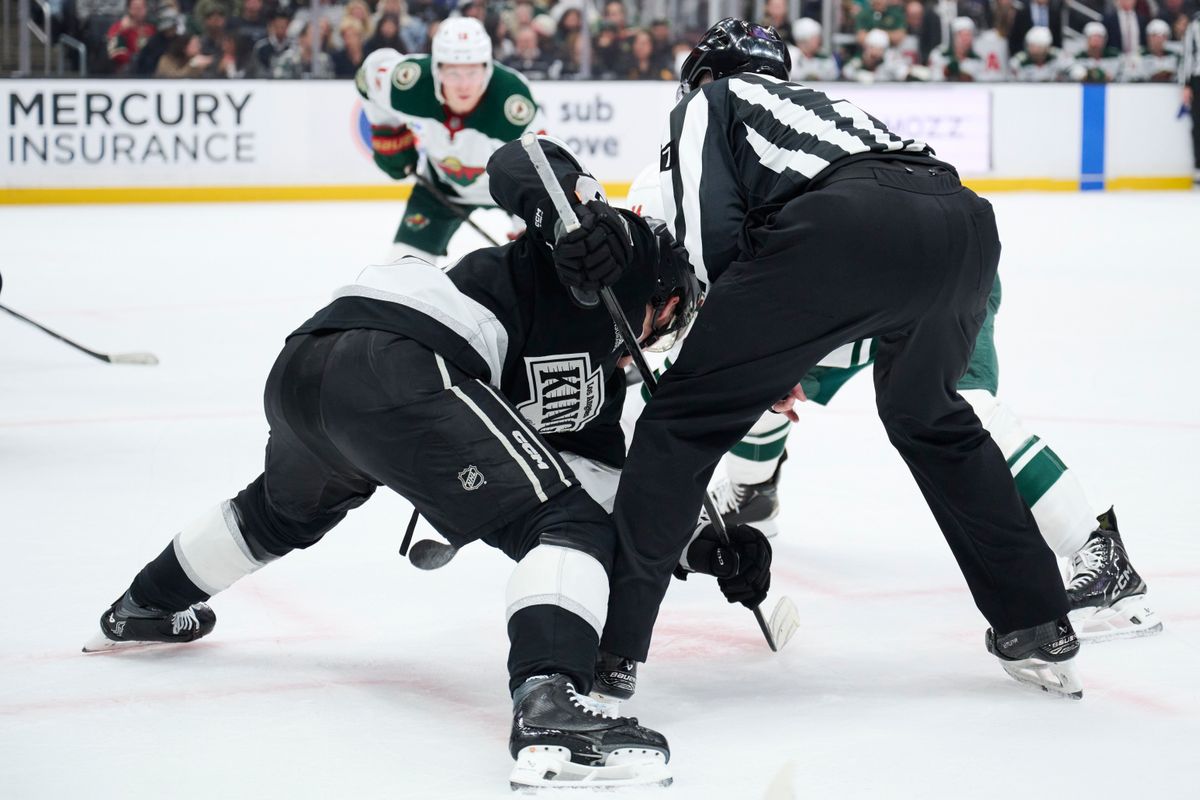 The Los Angeles Kings center Alex Turcotte (15) does a face off against the Minnesota Wild at the Crypto Arena on January 5th, 2026 in Los Angeles California. The Los Angeles Kings center Alex Turcotte (15) does a face off against the Minnesota Wild at the Crypto Arena on January 5th, 2026 in Los Angeles California.