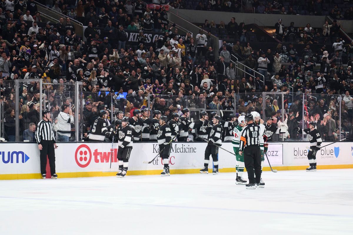 The Los Angeles Kings celebrate a goal against the Minnesota Wild at the Crypto Arena on January 5th, 2026 in Los Angeles California. The Los Angeles Kings celebrate a goal against the Minnesota Wild at the Crypto Arena on January 5th, 2026 in Los Angeles California.