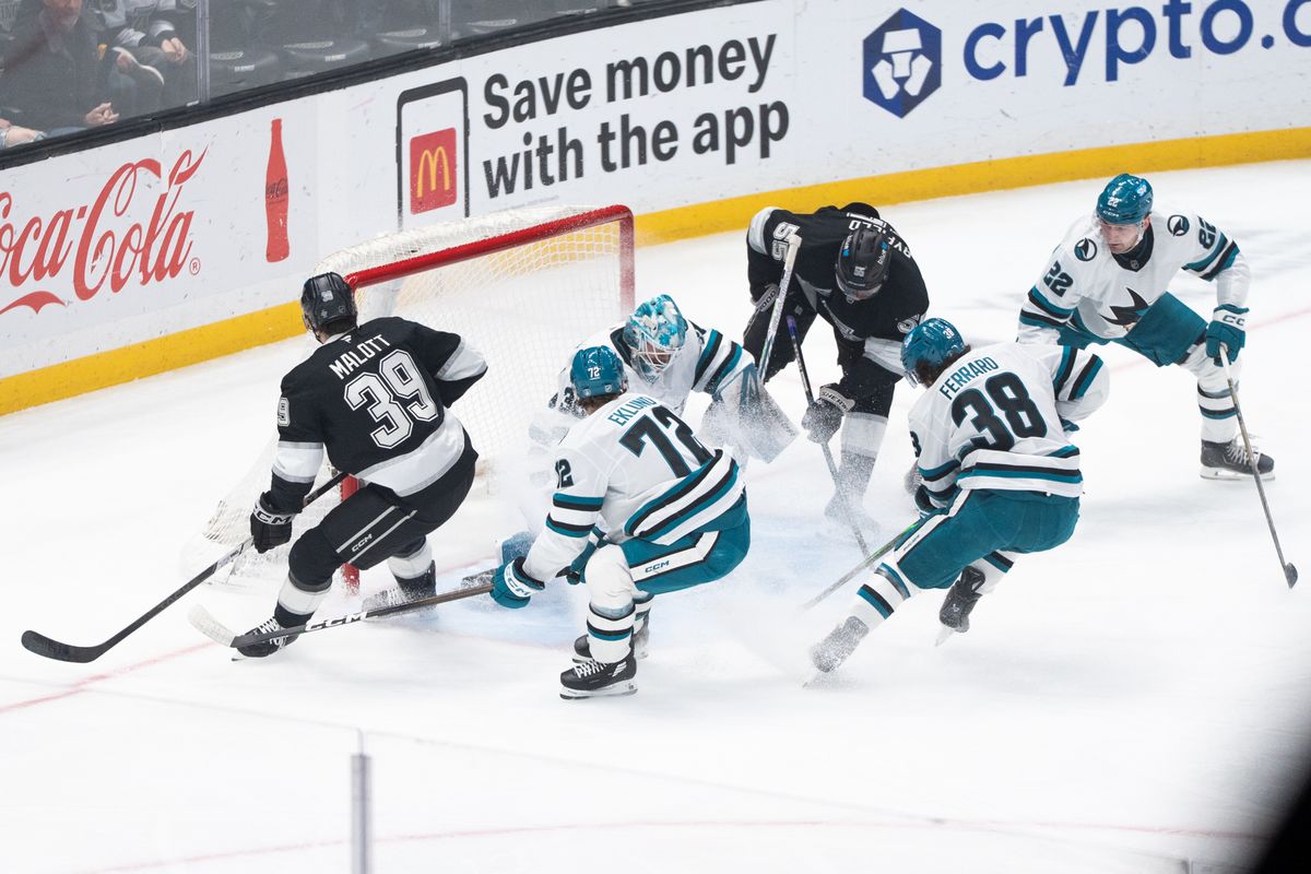 The Los Angeles Kings Right Wing Quinton Byfield (55) tries to score a goal within the crowd in an NHL against the San Jose Sharks at the Crypto Arena on January 7th, 2026 in Los Angeles California. The Los Angeles Kings Right Wing Quinton Byfield (55) tries to score a goal within the crowd in an NHL against the San Jose Sharks at the Crypto Arena on January 7th, 2026 in Los Angeles California.