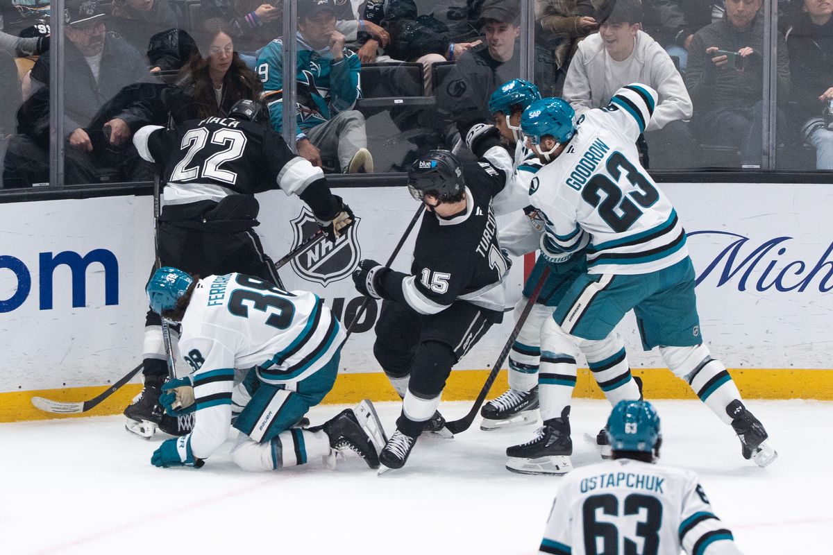 The Los Angeles Kings players try to steal the puck against the wall in a NHL game against the San Jose Sharks at the Crypto Arena on January 7th, 2026 in Los Angeles California. The Los Angeles Kings players try to steal the puck against the wall in a NHL game against the San Jose Sharks at the Crypto Arena on January 7th, 2026 in Los Angeles California.