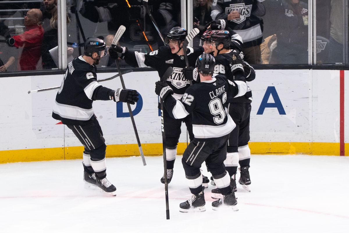 The Los Angeles Kings players celebrate after scoring a goal in a NHL game against the San Jose Sharks at the Crypto Arena on January 7th, 2026 in Los Angeles California. The Los Angeles Kings players celebrate after scoring a goal in a NHL game against the San Jose Sharks at the Crypto Arena on January 7th, 2026 in Los Angeles California.
