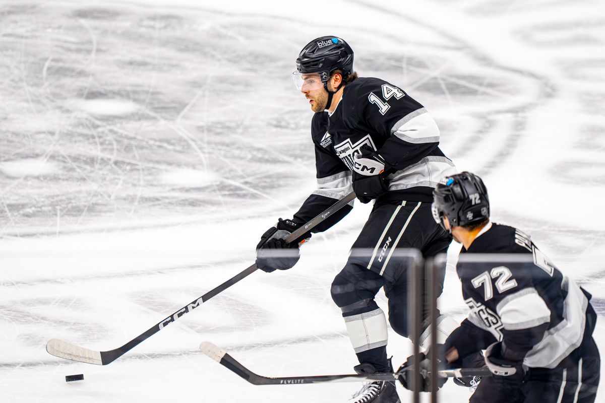 Los Angeles Kings right wing Alex Lafferriere (14), moving the puck during an NHL hockey game against the Edmonton Oilers on February 26th, 2026 in Los Angeles, CA. Los Angeles Kings right wing Alex Lafferriere (14), moving the puck during an NHL hockey game against the Edmonton Oilers on February 26th, 2026 in Los Angeles, CA.