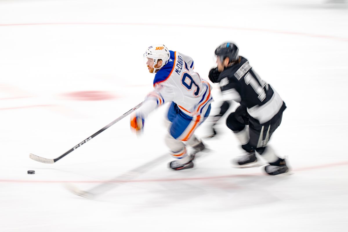 Los Angeles Kings right wing Alex Laferriere (14) keeping up with an Oiler during an NHL hockey game against the Edmonton Oilers on February 26th, 2026 in Los Angeles, CA. Los Angeles Kings right wing Alex Laferriere (14) keeping up with an Oiler during an NHL hockey game against the Edmonton Oilers on February 26th, 2026 in Los Angeles, CA.