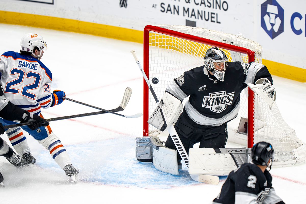 Edmonton Oilers center Matt Savoie (22) assisting a goal during an NHL hockey game against the Los Angeles Kings on February 26th, 2026 in Los Angeles, CA. Edmonton Oilers center Matt Savoie (22) assisting a goal during an NHL hockey game against the Los Angeles Kings on February 26th, 2026 in Los Angeles, CA.