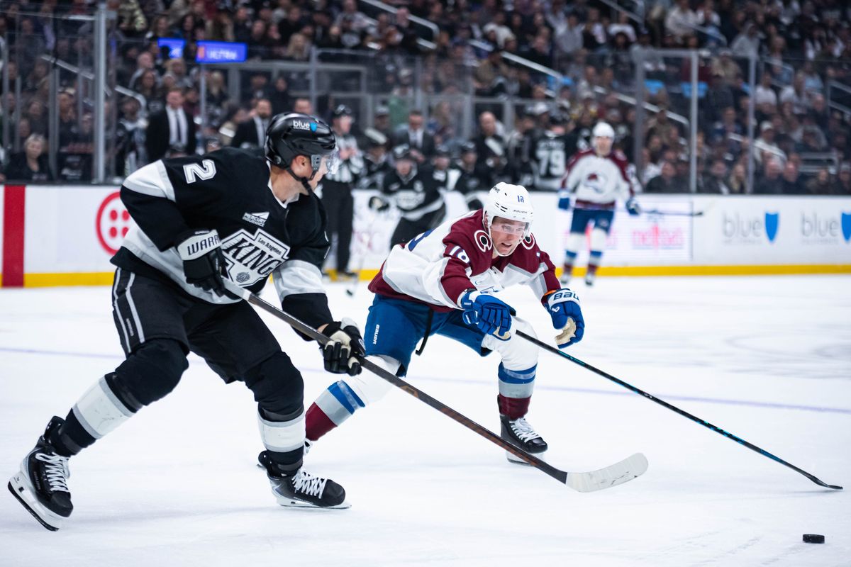 Colorado Avalanche center Jack Drury (18) chases after the puck during an NHL match against the Los Angeles Kings on March 2, 2026 in Los Angeles, California. Colorado Avalanche center Jack Drury (18) chases after the puck during an NHL match against the Los Angeles Kings on March 2, 2026 in Los Angeles, California.