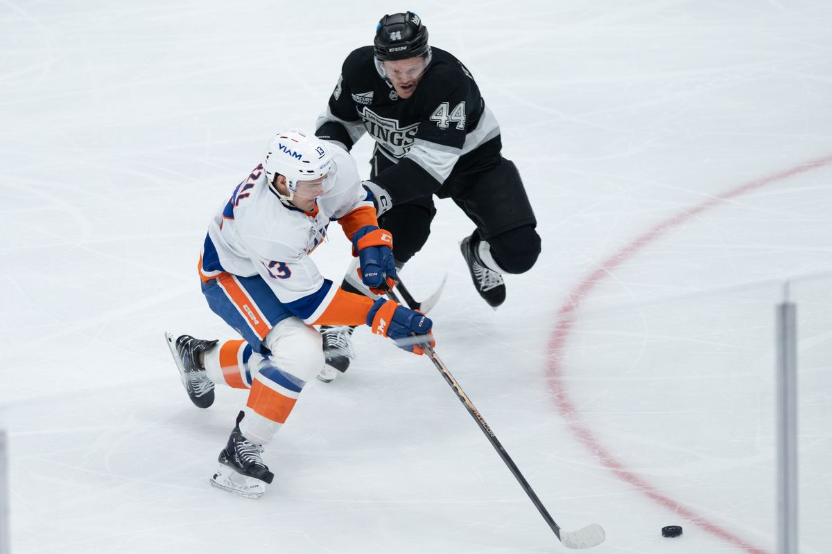 LA Kings defensiveman Mikey Anderson (44) battles for the puck during an NHL game between the New York Islanders and the Los Angeles Kings on Thursday, March 5, 2026 at Crypto.com Arena in Los Angeles Calif LA Kings defensiveman Mikey Anderson (44) battles for the puck during an NHL game between the New York Islanders and the Los Angeles Kings on Thursday, March 5, 2026 at Crypto.com Arena in Los Angeles Calif