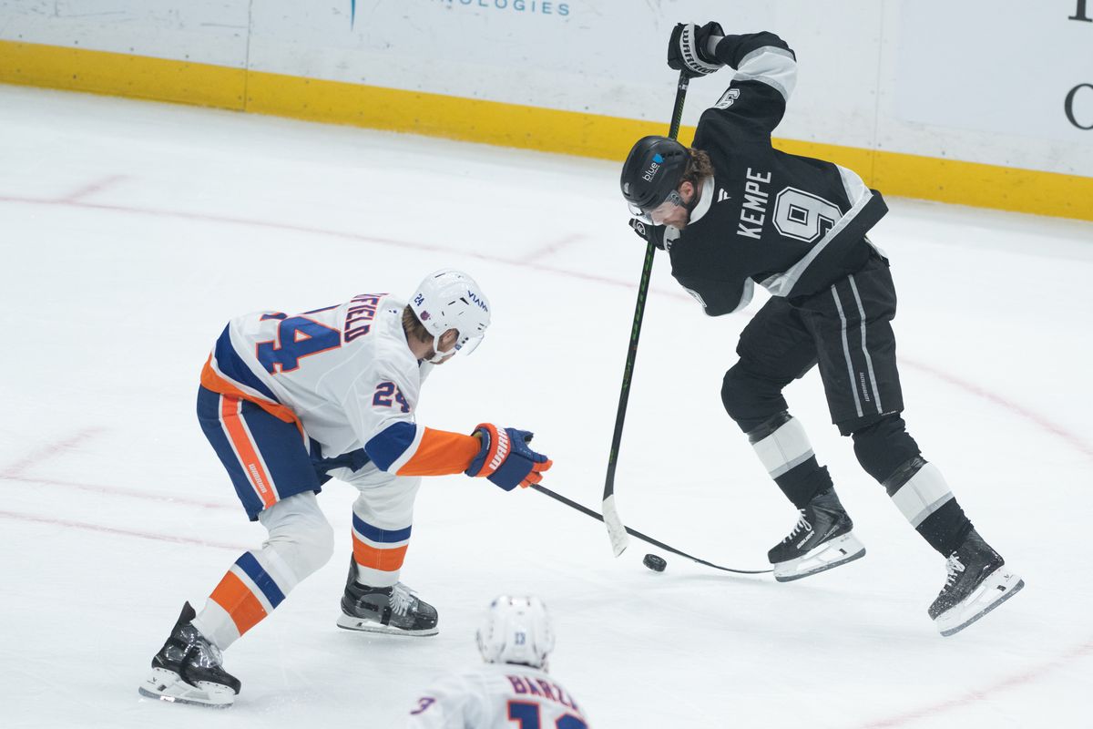 LA Kings right wing Adrian Kempe (9) battles for the puck during an NHL game between the New York Islanders and the Los Angeles Kings on Thursday, March 5, 2026 at Crypto.com Arena in Los Angeles Calif LA Kings right wing Adrian Kempe (9) battles for the puck during an NHL game between the New York Islanders and the Los Angeles Kings on Thursday, March 5, 2026 at Crypto.com Arena in Los Angeles Calif