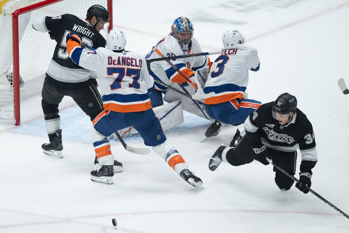 Playes scramble for possession during an NHL game between the New York Islanders and the Los Angeles Kings on Thursday, March 5, 2026 at Crypto.com Arena in Los Angeles Calif Playes scramble for possession during an NHL game between the New York Islanders and the Los Angeles Kings on Thursday, March 5, 2026 at Crypto.com Arena in Los Angeles Calif