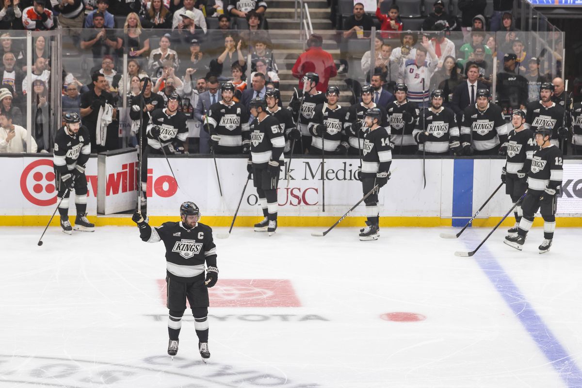 Anze Kopitar #11 of the Los Angeles Kings is honored on the ice for becoming the all-time points leader in franchise history during an NHL hockey game against the Philadelphia Flyers, Thursday March 19, 2026 in Los Angeles, Calif. Anze Kopitar #11 of the Los Angeles Kings is honored on the ice for becoming the all-time points leader in franchise history during an NHL hockey game against the Philadelphia Flyers, Thursday March 19, 2026 in Los Angeles, Calif.
