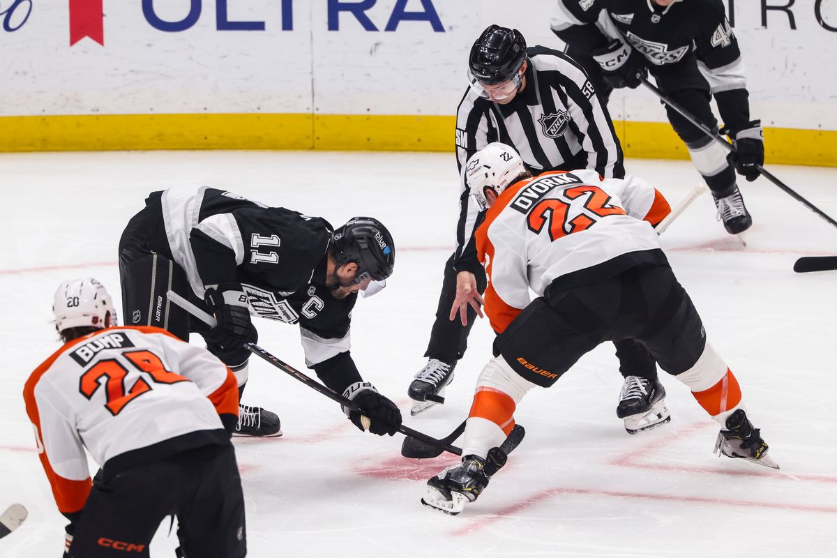 Anze Kopitar #11 of the Los Angeles Kings and Christian Dvorak #22 of the Philadelphia Flyers prepare for a face-off during an NHL hockey game, Thursday March 19, 2026 in Los Angeles, Calif. Anze Kopitar #11 of the Los Angeles Kings and Christian Dvorak #22 of the Philadelphia Flyers prepare for a face-off during an NHL hockey game, Thursday March 19, 2026 in Los Angeles, Calif.