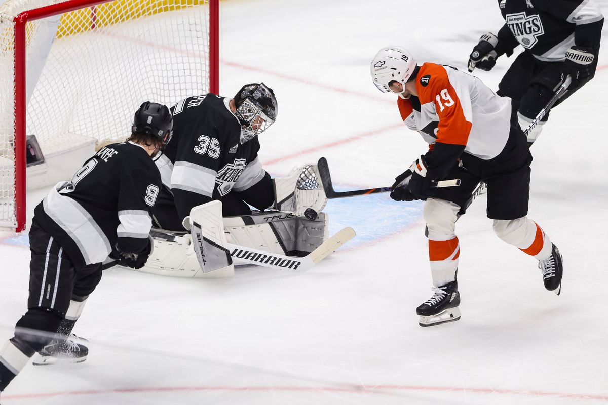 Darcy Kuemper #35 of the Los Angeles Kings makes a save on the shot by Garnet Hathaway #19 of the Philadelphia Flyers during an NHL hockey game, Thursday March 19, 2026 in Los Angeles, Calif. Darcy Kuemper #35 of the Los Angeles Kings makes a save on the shot by Garnet Hathaway #19 of the Philadelphia Flyers during an NHL hockey game, Thursday March 19, 2026 in Los Angeles, Calif.