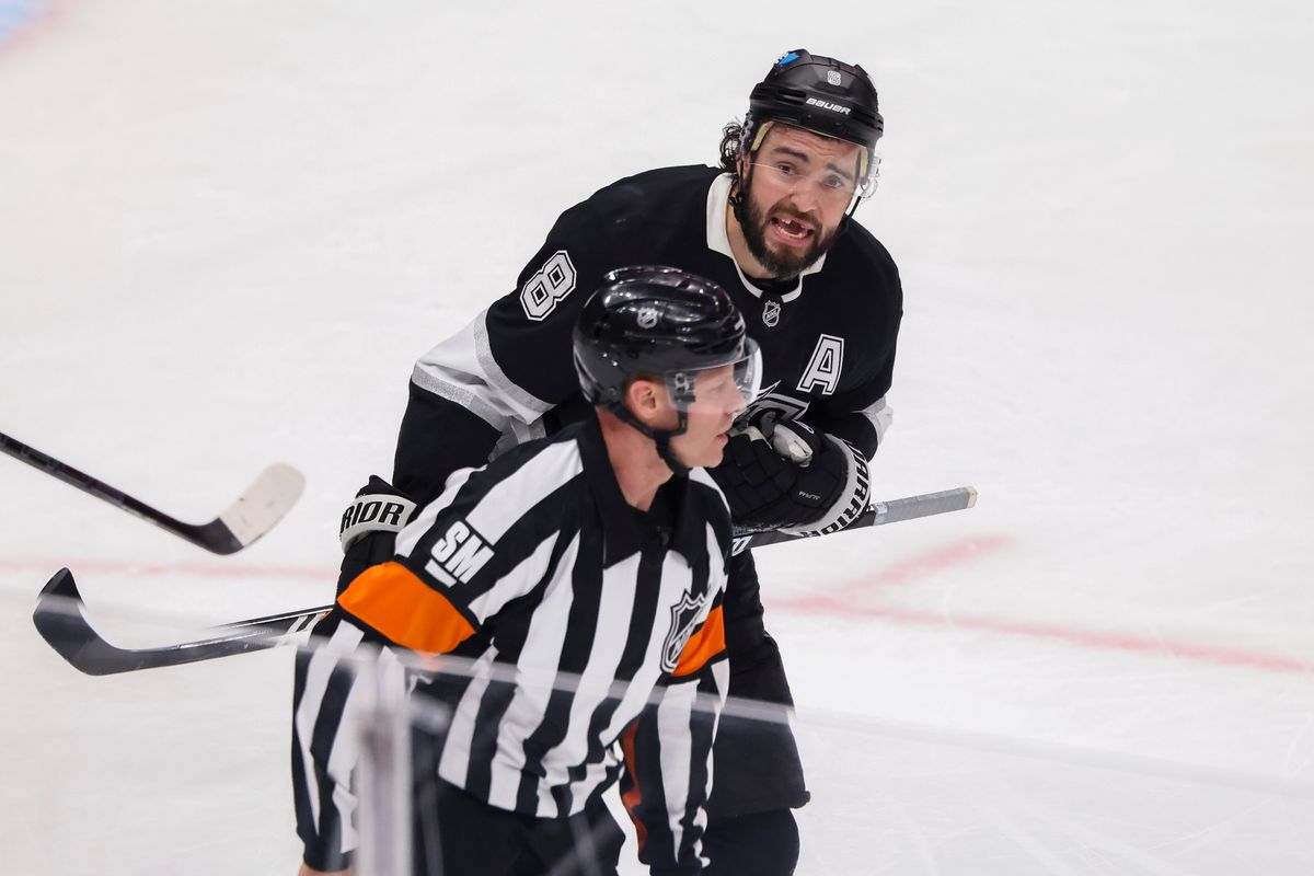 Drew Doughty #8 of the Los Angeles Kings pleads his case to the referee after being called for a penalty during an NHL hockey game against the Philadelphia Flyers, Thursday March 19, 2026 in Los Angeles, Calif. Drew Doughty #8 of the Los Angeles Kings pleads his case to the referee after being called for a penalty during an NHL hockey game against the Philadelphia Flyers, Thursday March 19, 2026 in Los Angeles, Calif.