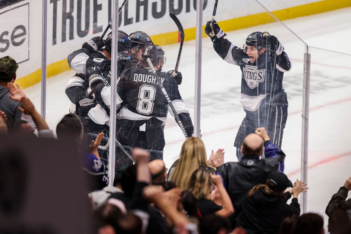 Trevor Moore #12 and Drew Doughty #8 of the Los Angeles Kings celebrate a goal with their teammates during an NHL hockey game against the Philadelphia Flyers, Thursday March 19, 2026 in Los Angeles, Calif. Trevor Moore #12 and Drew Doughty #8 of the Los Angeles Kings celebrate a goal with their teammates during an NHL hockey game against the Philadelphia Flyers, Thursday March 19, 2026 in Los Angeles, Calif.