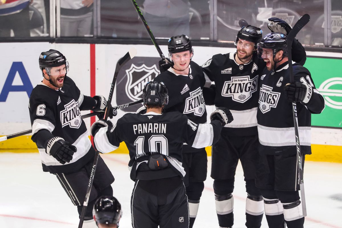 Joel Edmundson #6, Artemi Panarin #10, Brandt Clarke #92, Adrian Kempe #9, and center Anze Kopitar #11 of the Los Angeles Kings celebrate a goal during an NHL hockey game against the Philadelphia Flyers, Thursday March 19, 2026 in Los Angeles, Calif. Joel Edmundson #6, Artemi Panarin #10, Brandt Clarke #92, Adrian Kempe #9, and center Anze Kopitar #11 of the Los Angeles Kings celebrate a goal during an NHL hockey game against the Philadelphia Flyers, Thursday March 19, 2026 in Los Angeles, Calif.