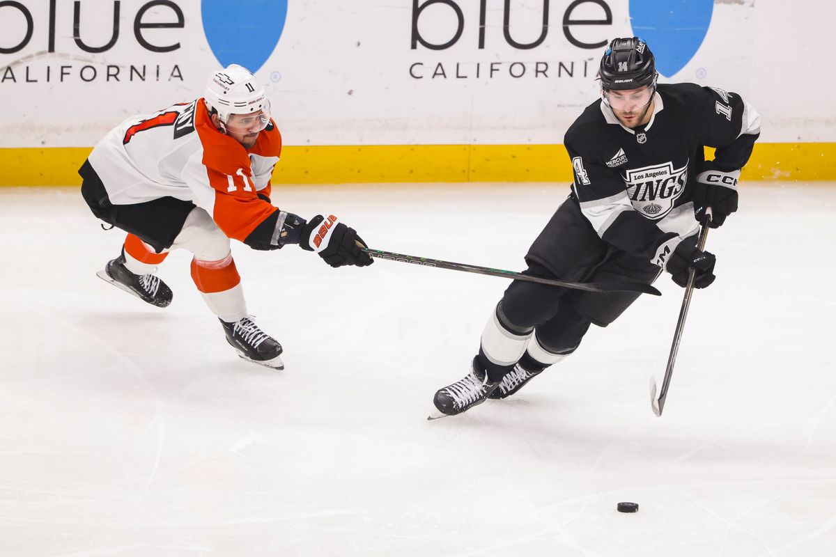 Travis Konecny #11 of the Philadelphia Flyers hooks Alex Laferriere #14 of the Los Angeles Kings with his stick during an NHL hockey game, Thursday March 19, 2026 in Los Angeles, Calif. Travis Konecny #11 of the Philadelphia Flyers hooks Alex Laferriere #14 of the Los Angeles Kings with his stick during an NHL hockey game, Thursday March 19, 2026 in Los Angeles, Calif.