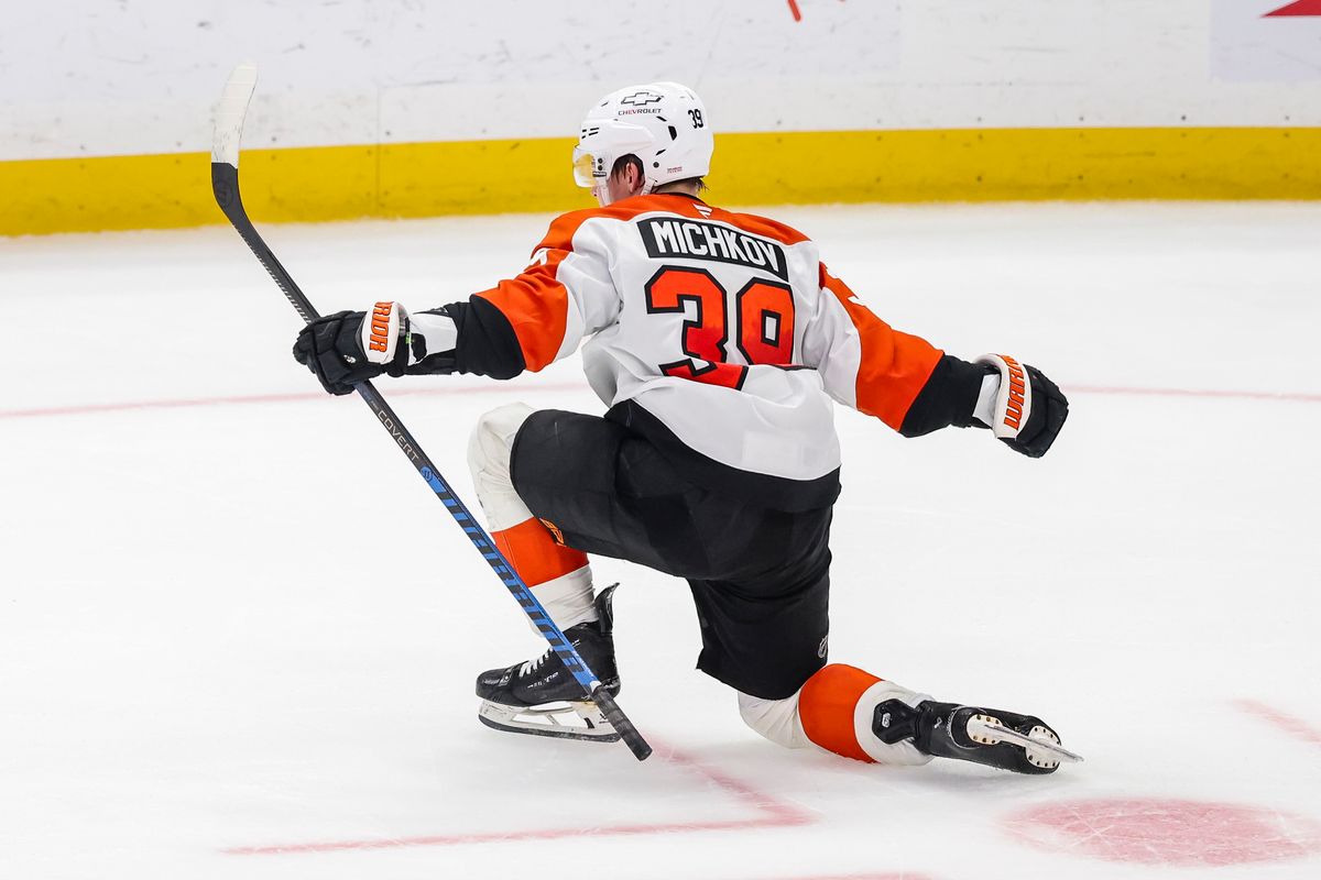 Matvei Michkov #39 of the Philadelphia Flyers celebrates after scoring the game winning goal during an NHL hockey game against the Los Angeles Kings, Thursday March 19, 2026 in Los Angeles, Calif. Matvei Michkov #39 of the Philadelphia Flyers celebrates after scoring the game winning goal during an NHL hockey game against the Los Angeles Kings, Thursday March 19, 2026 in Los Angeles, Calif.