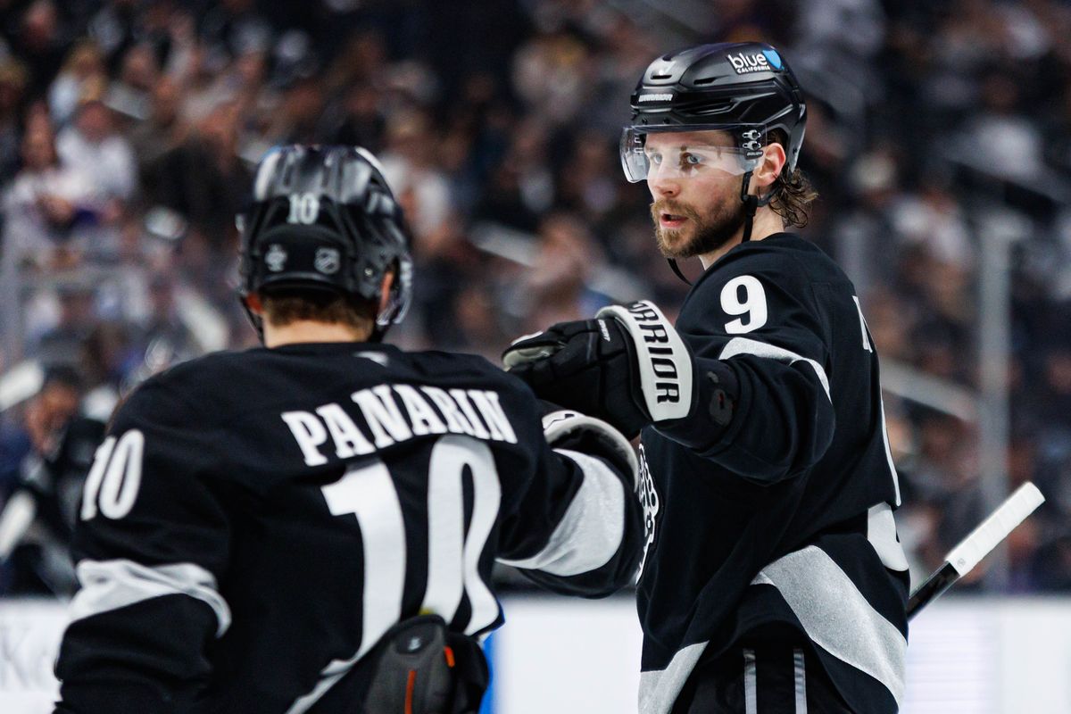 Los Angeles Kings right wing Adrian Kempe (#9) fist bumps left wing Artemi Panarin (#10) after scoring a goal during an NHL match against the Utah Mammoth on March 28, 2026 in Los Angeles, California. Los Angeles Kings right wing Adrian Kempe (#9) fist bumps left wing Artemi Panarin (#10) after scoring a goal during an NHL match against the Utah Mammoth on March 28, 2026 in Los Angeles, California.