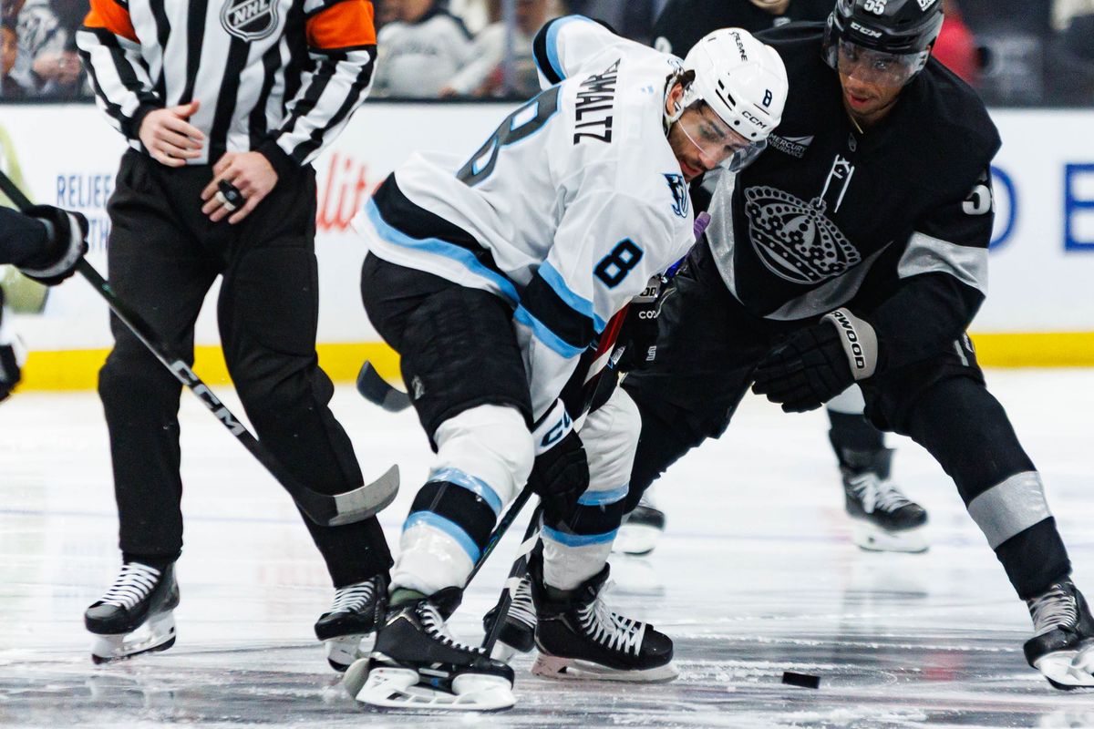 Utah Mammoth center Nick Schultz (#8) wins the face-off during an NHL match against the Los Angeles Kings on March 28, 2026 in Los Angeles, California. Utah Mammoth center Nick Schultz (#8) wins the face-off during an NHL match against the Los Angeles Kings on March 28, 2026 in Los Angeles, California.